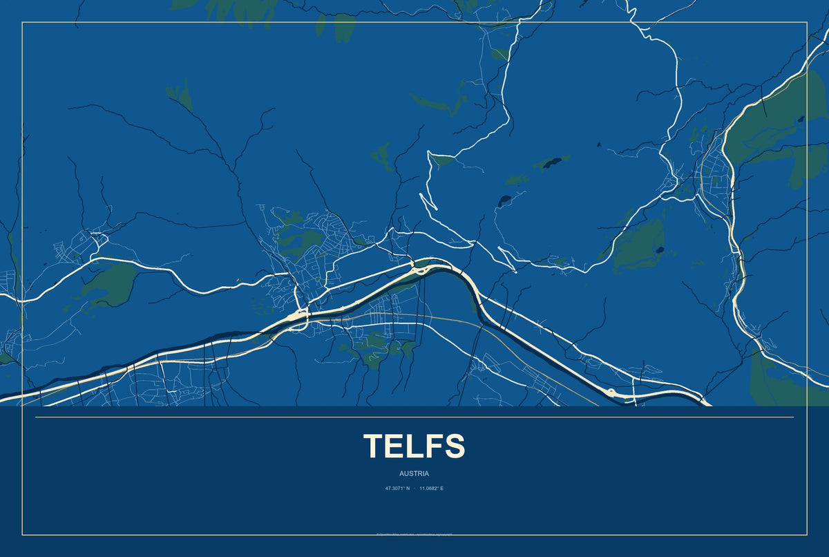 Telfs, Austria City Map Aluminum Sign in Harbor Cobalt style