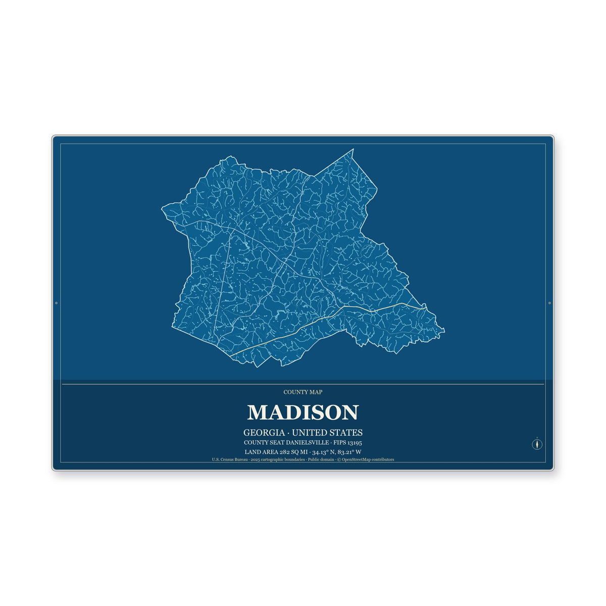 Madison County, Georgia Map Aluminum Sign in Harbor Cobalt style