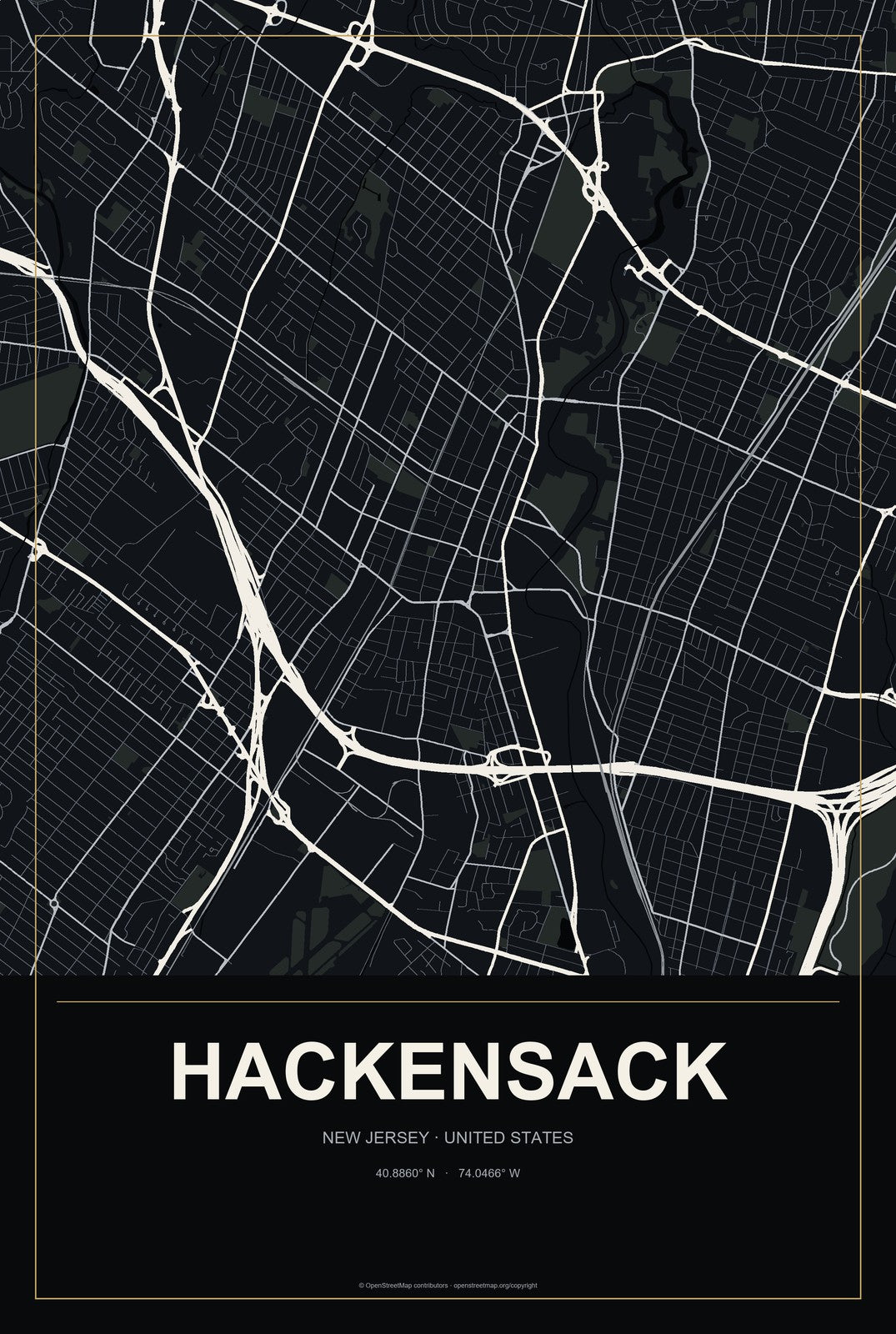 Hackensack, New Jersey City Map Aluminum Sign in Metropolitan Noir style