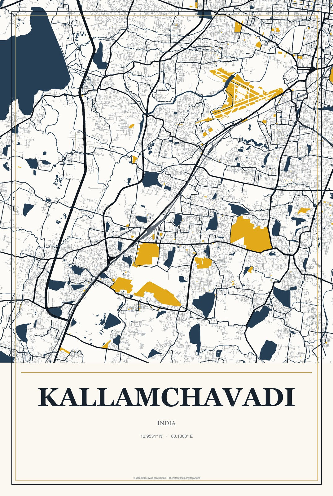 Kallamchavadi, India City Map Aluminum Sign in Citrine Modern style