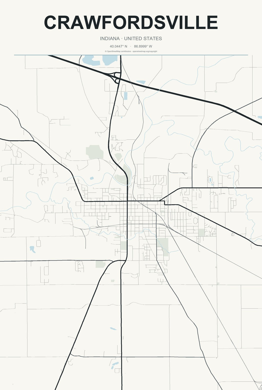 Crawfordsville, Indiana City Map Aluminum Sign in Headline Atlas style