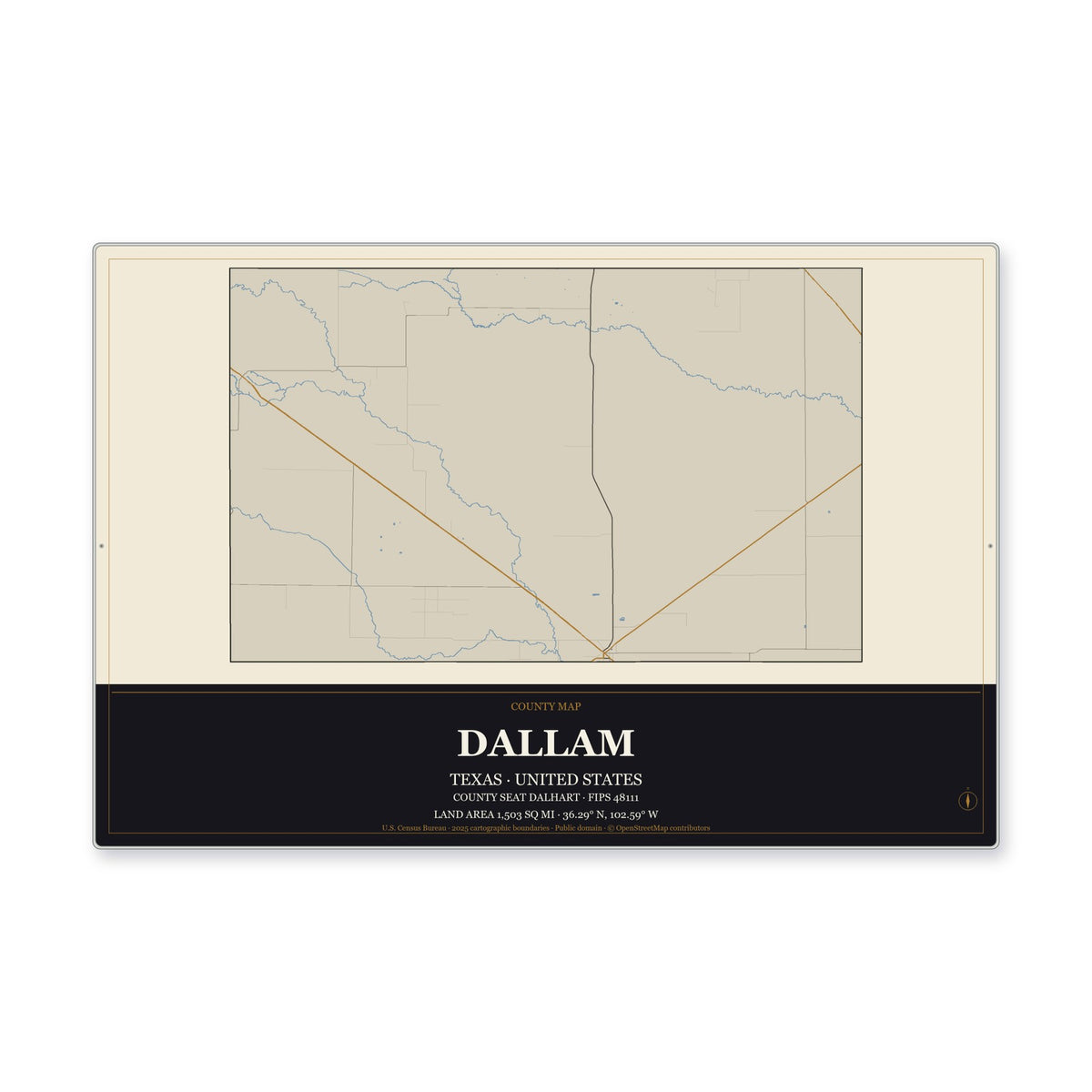 Dallam County, Texas Map Aluminum Sign in Museum Plaque style