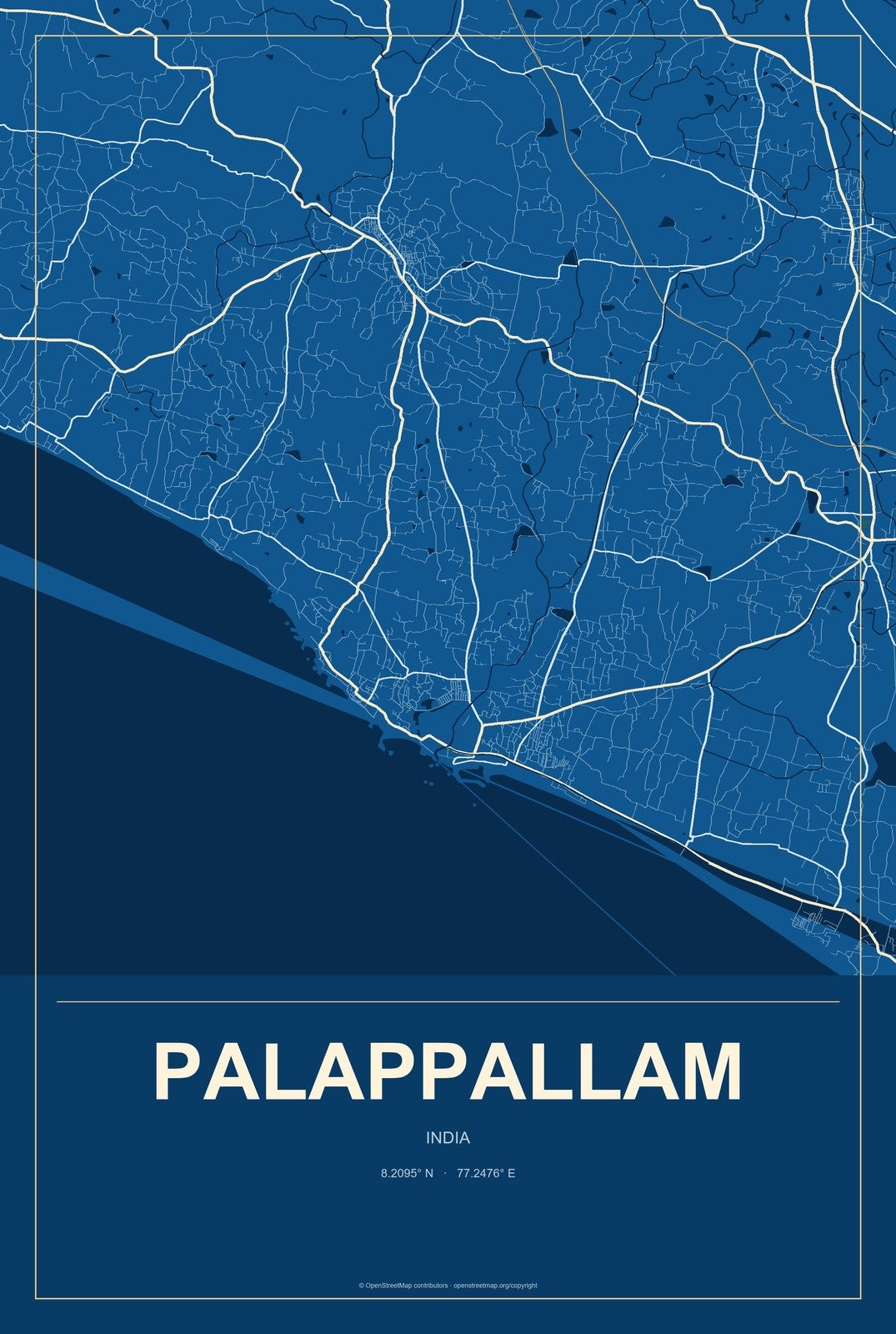 Palappallam, India City Map Aluminum Sign in Harbor Cobalt style