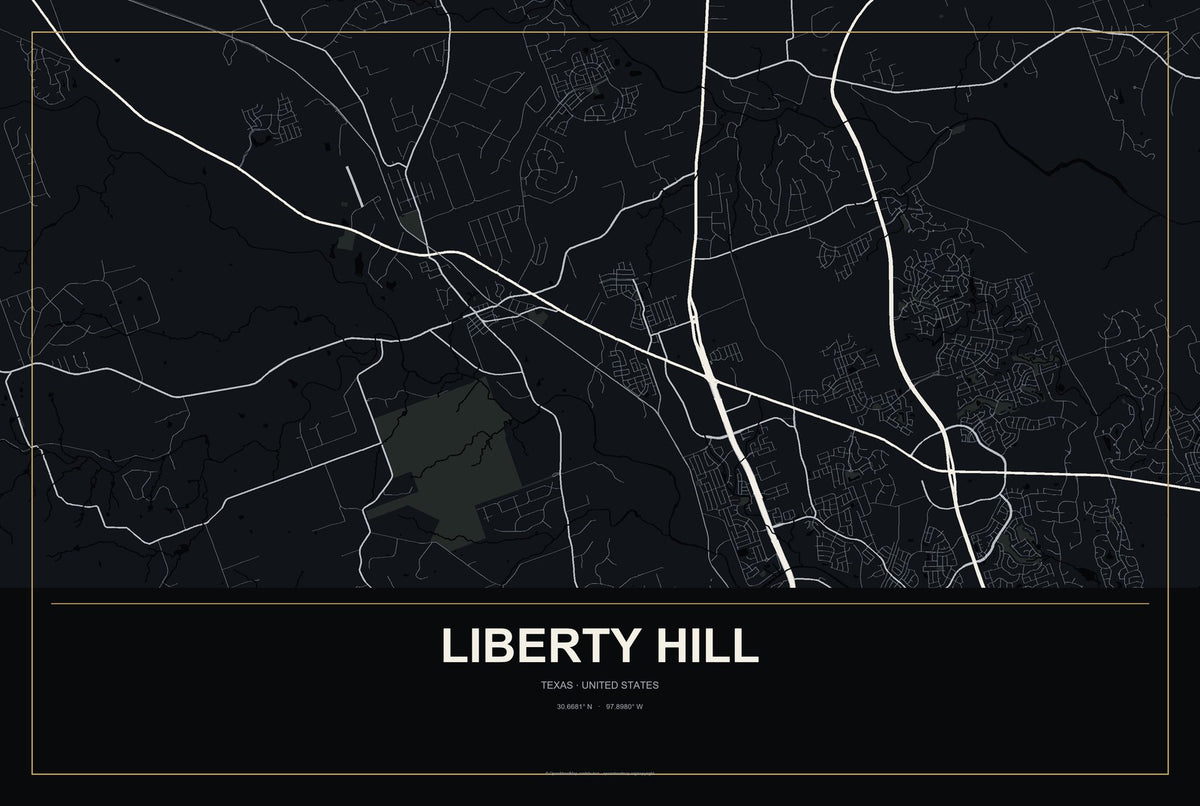 Liberty Hill, Texas City Map Aluminum Sign in Metropolitan Noir style