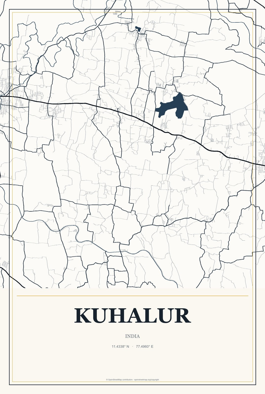 Kuhalur, India City Map Aluminum Sign in Citrine Modern style