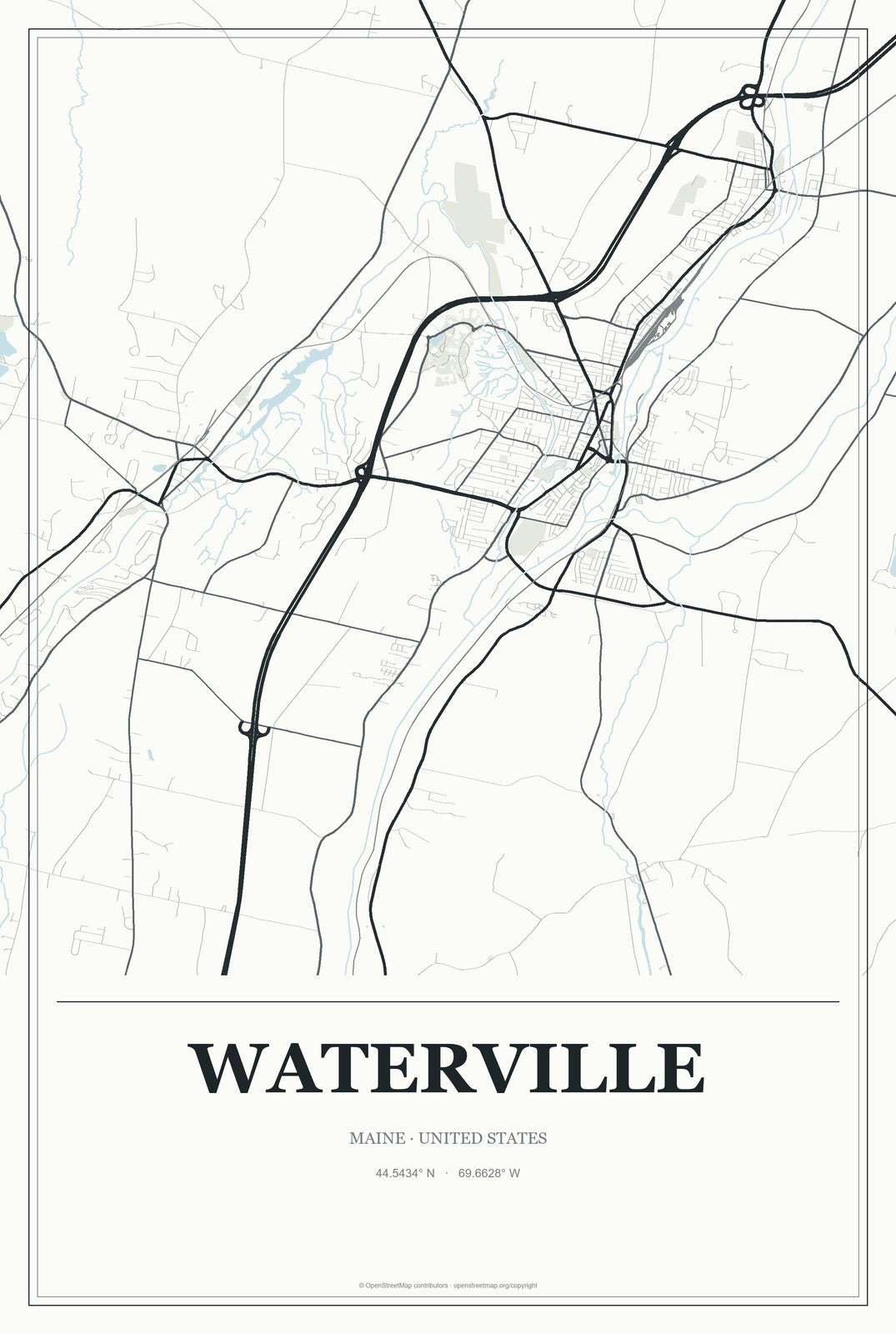 Waterville, Maine City Map Aluminum Sign in Gallery Air style