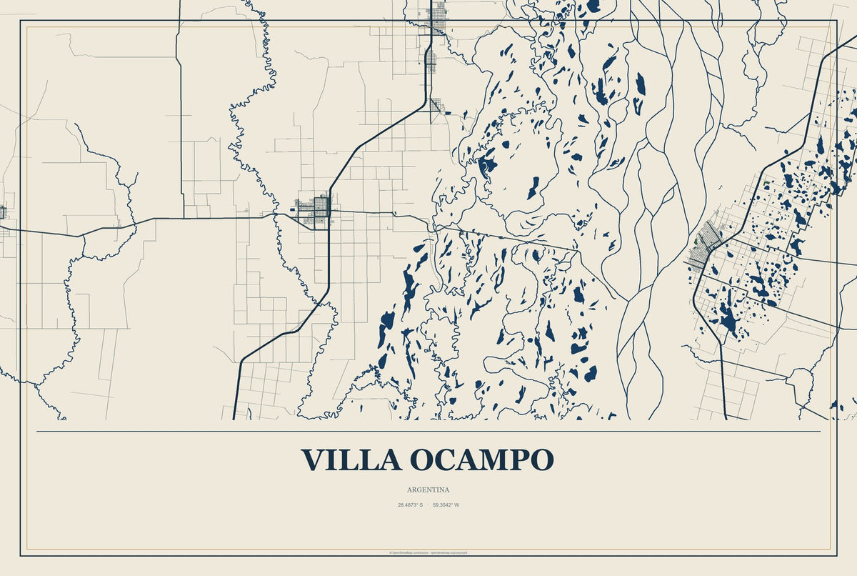Villa Ocampo, Argentina City Map Aluminum Sign in Coastal Cutout style