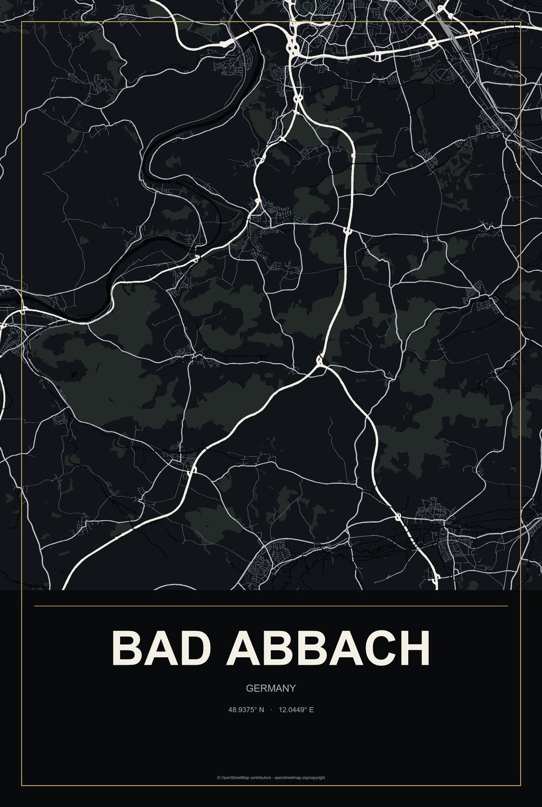 Bad Abbach, Germany City Map Aluminum Sign in Metropolitan Noir style