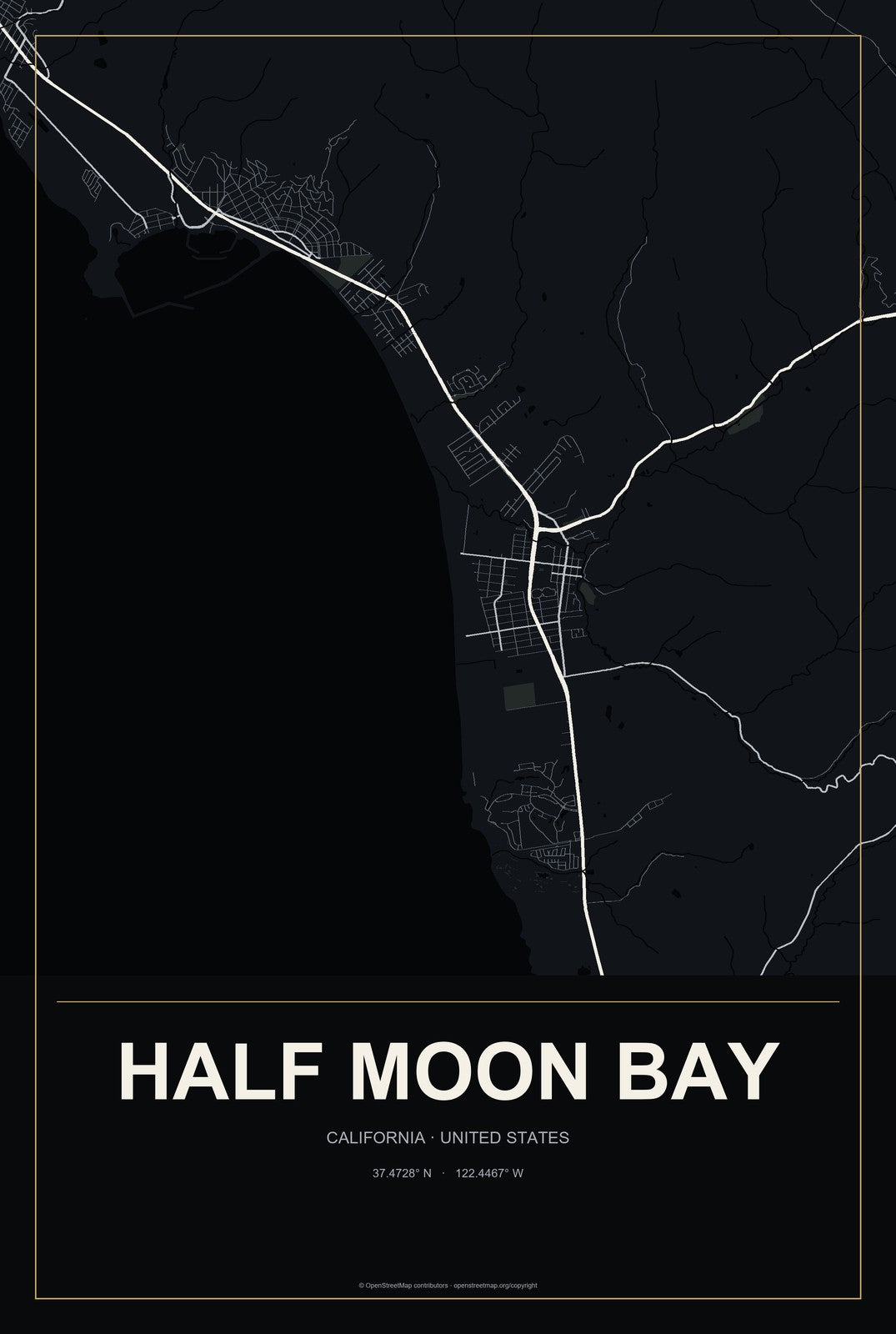 Half Moon Bay, California City Map Aluminum Sign in Metropolitan Noir style
