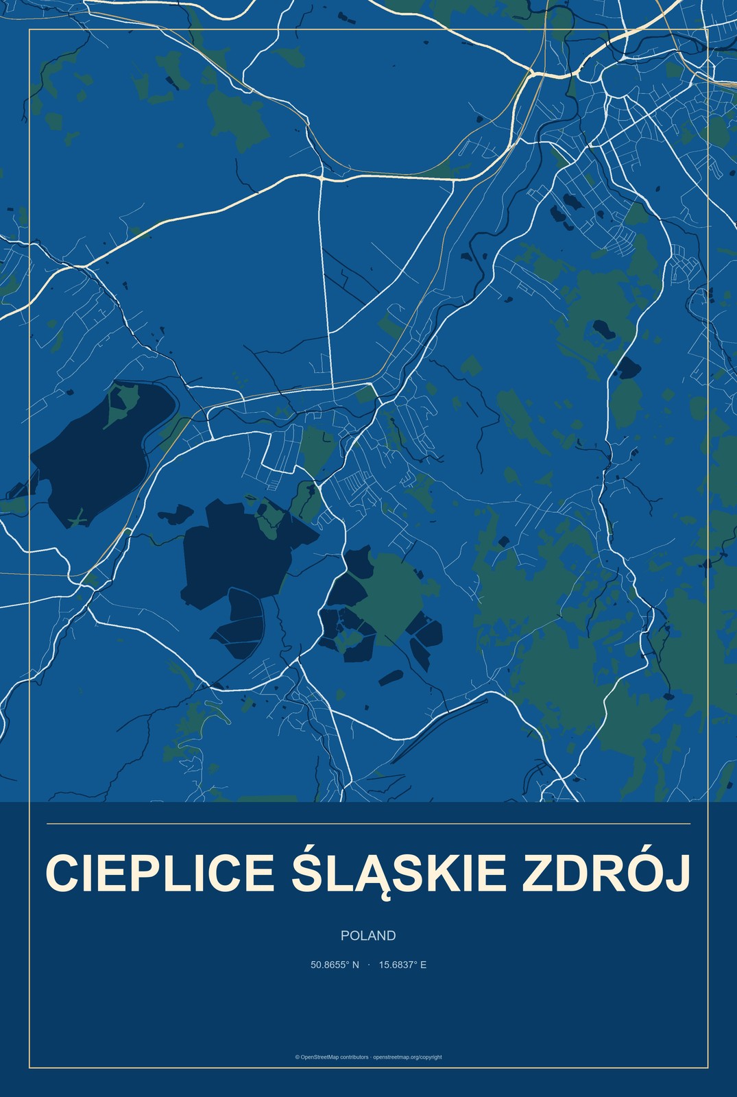Cieplice Śląskie Zdrój, Poland City Map Aluminum Sign in Harbor Cobalt style