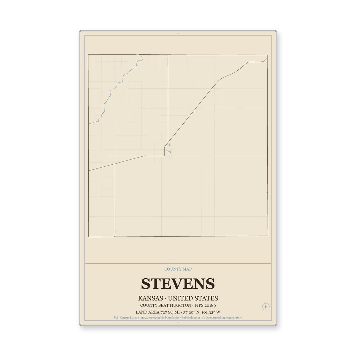 Stevens County, Kansas Map Aluminum Sign in Heritage Nautical style