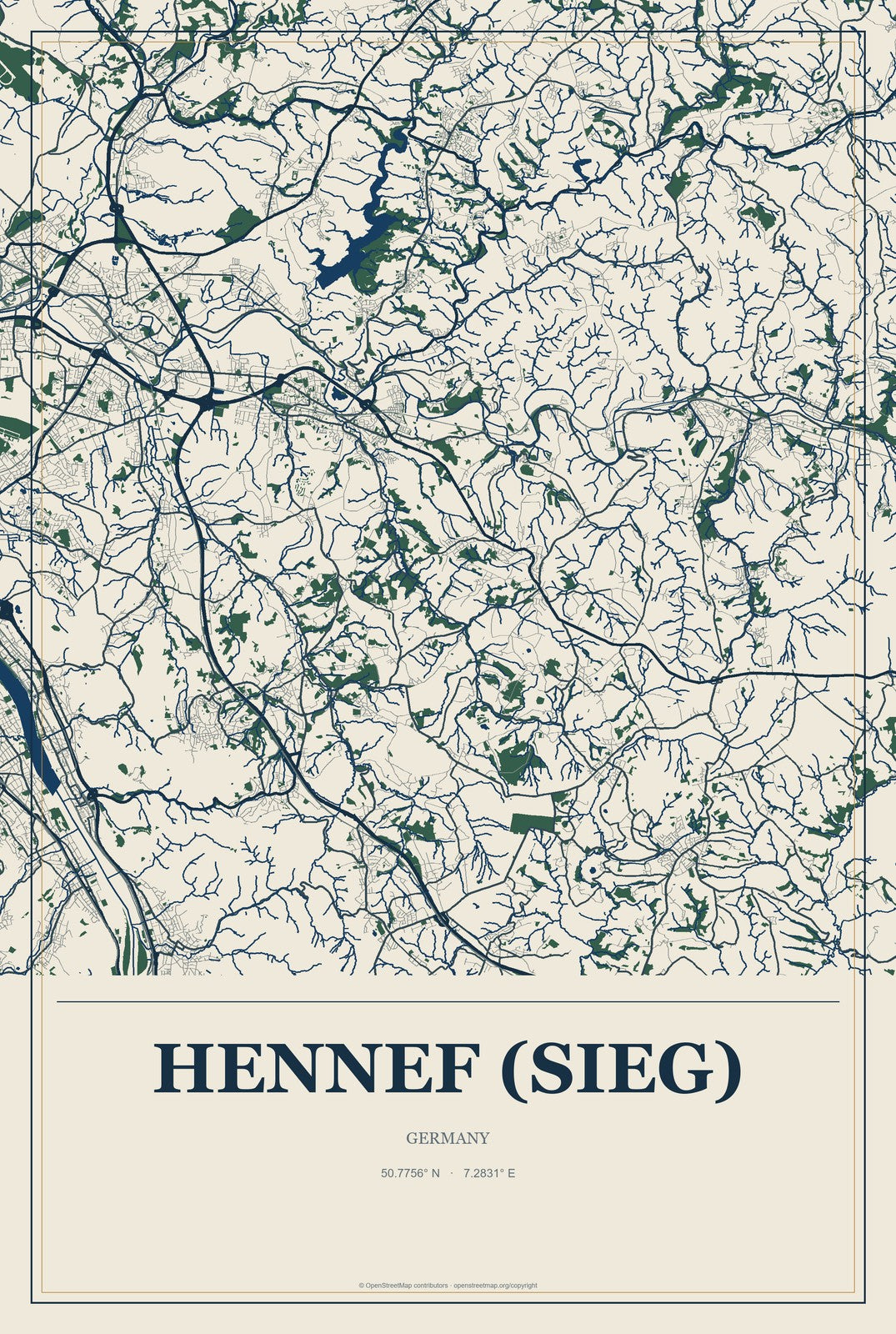 Hennef (Sieg), Germany City Map Aluminum Sign in Coastal Cutout style