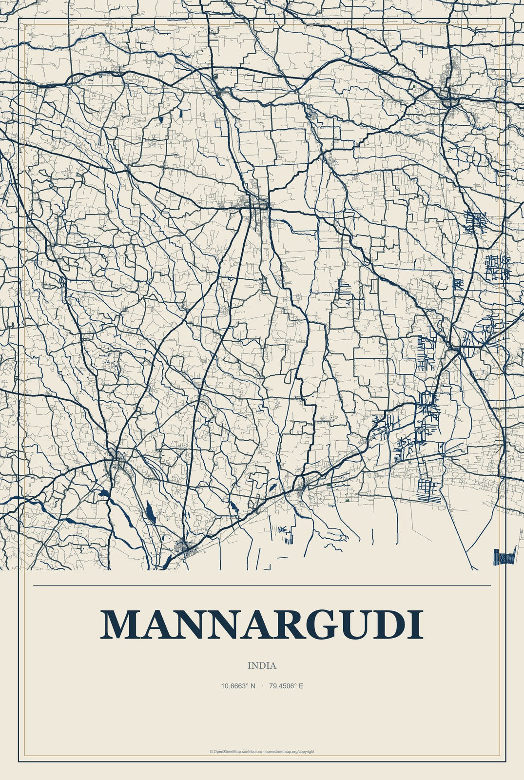 Mannargudi, India City Map Aluminum Sign in Coastal Cutout style