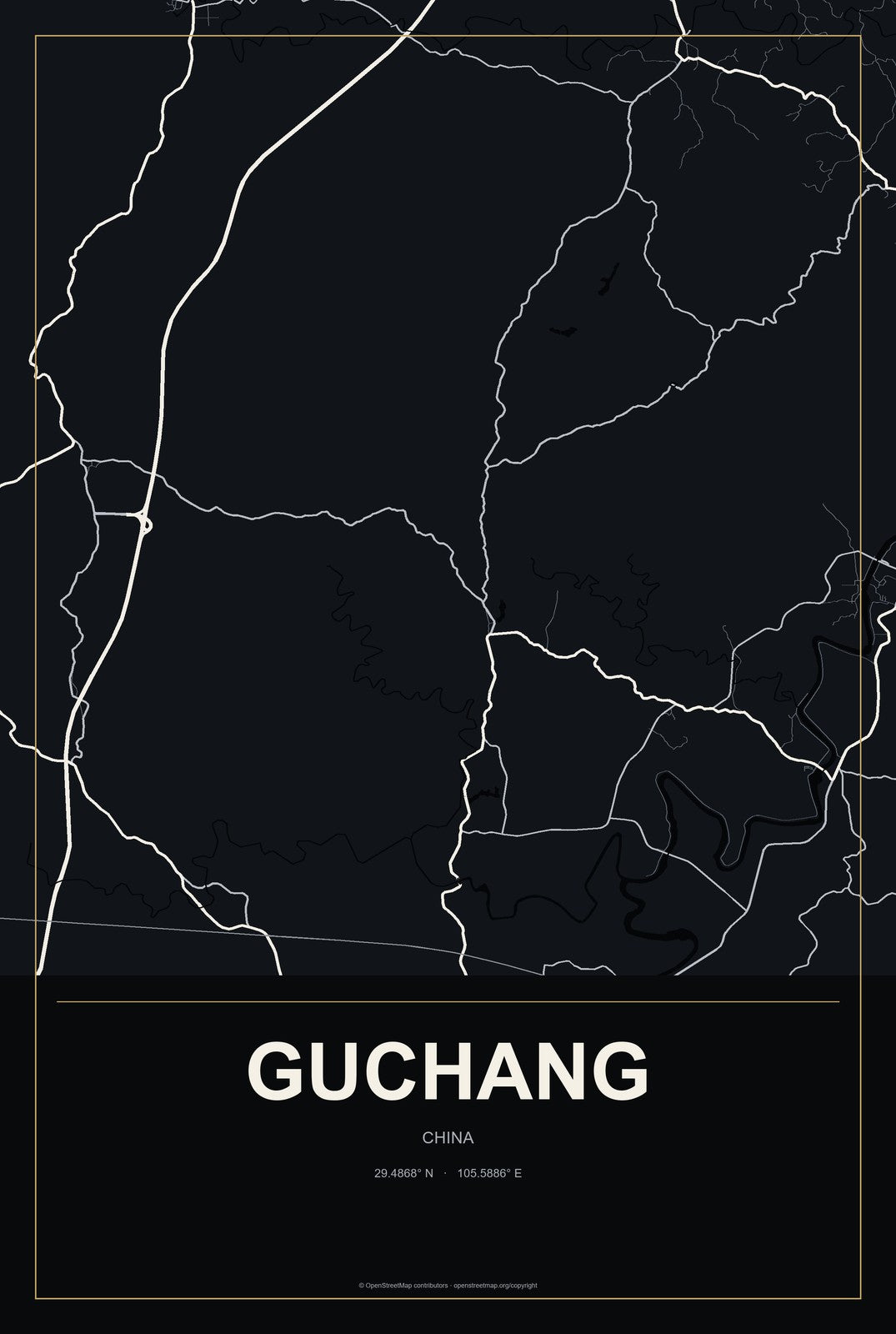 Guchang, China City Map Aluminum Sign in Metropolitan Noir style