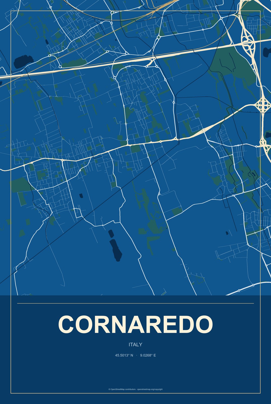 Cornaredo, Italy City Map Aluminum Sign in Harbor Cobalt style