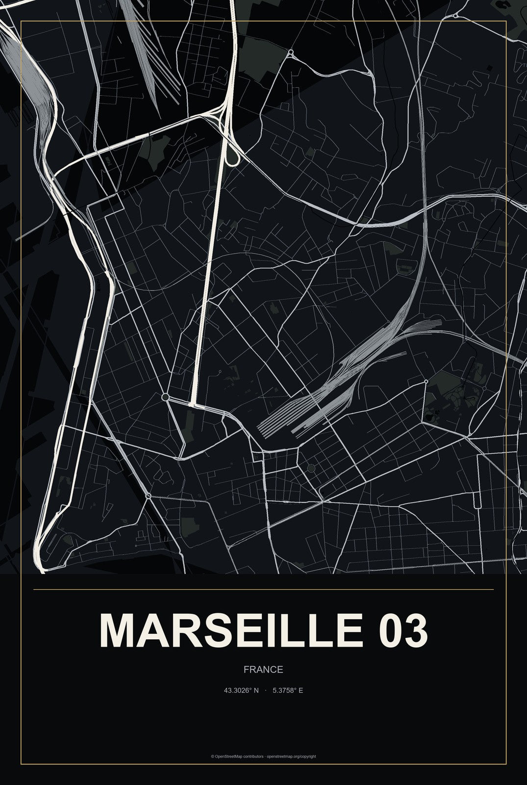 Marseille 03, France City Map Aluminum Sign in Metropolitan Noir style
