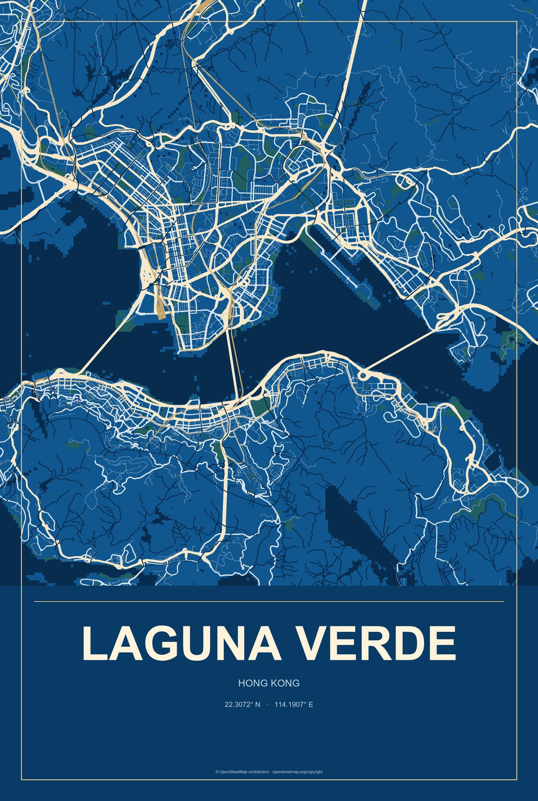 Laguna Verde, Hong Kong City Map Aluminum Sign in Harbor Cobalt style