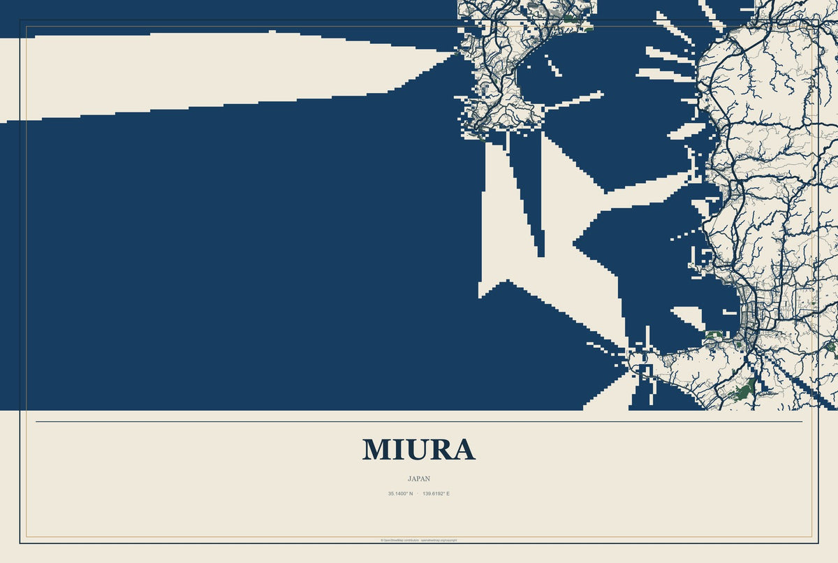 Miura, Japan City Map Aluminum Sign in Coastal Cutout style