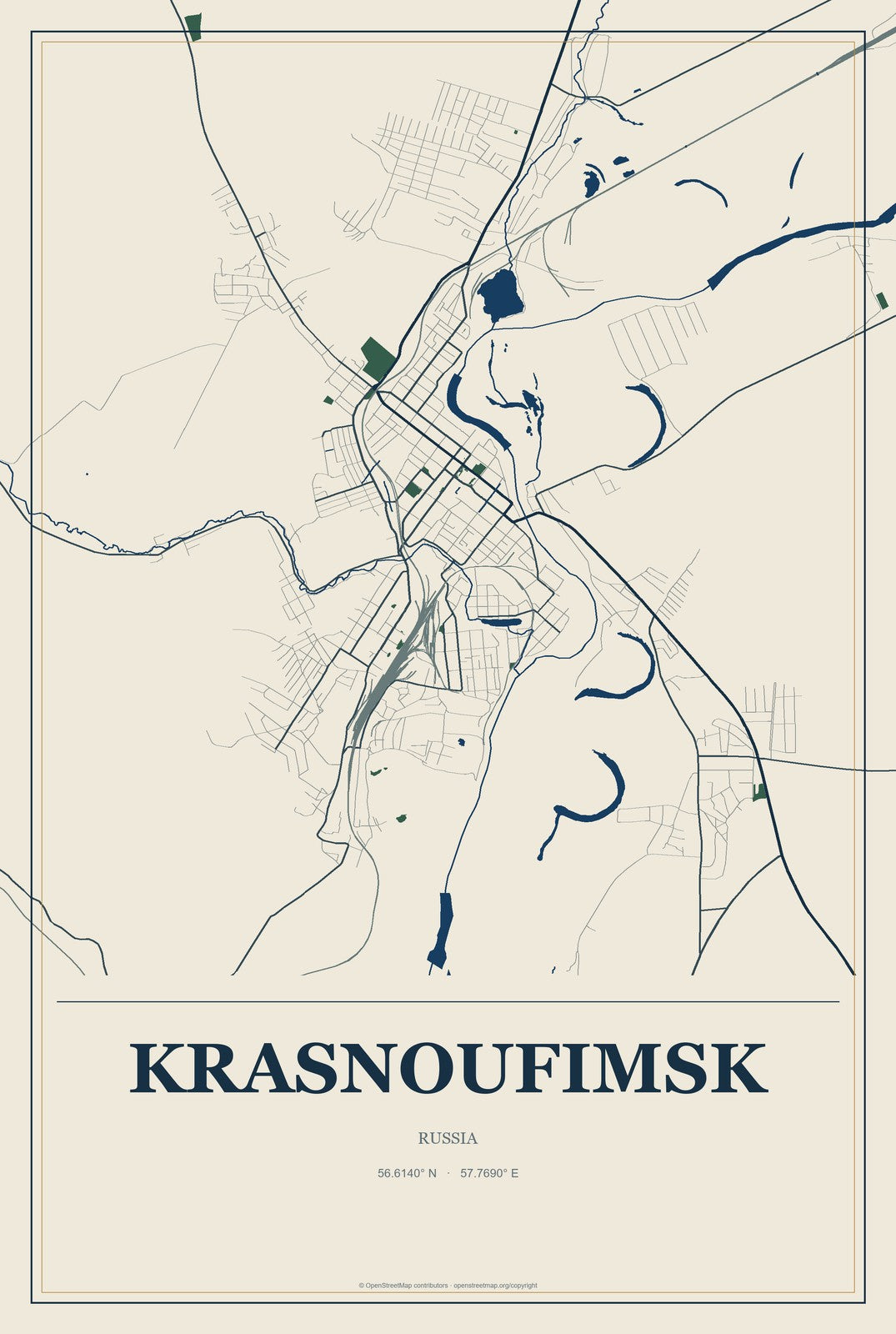 Krasnoufimsk, Russia City Map Aluminum Sign in Coastal Cutout style