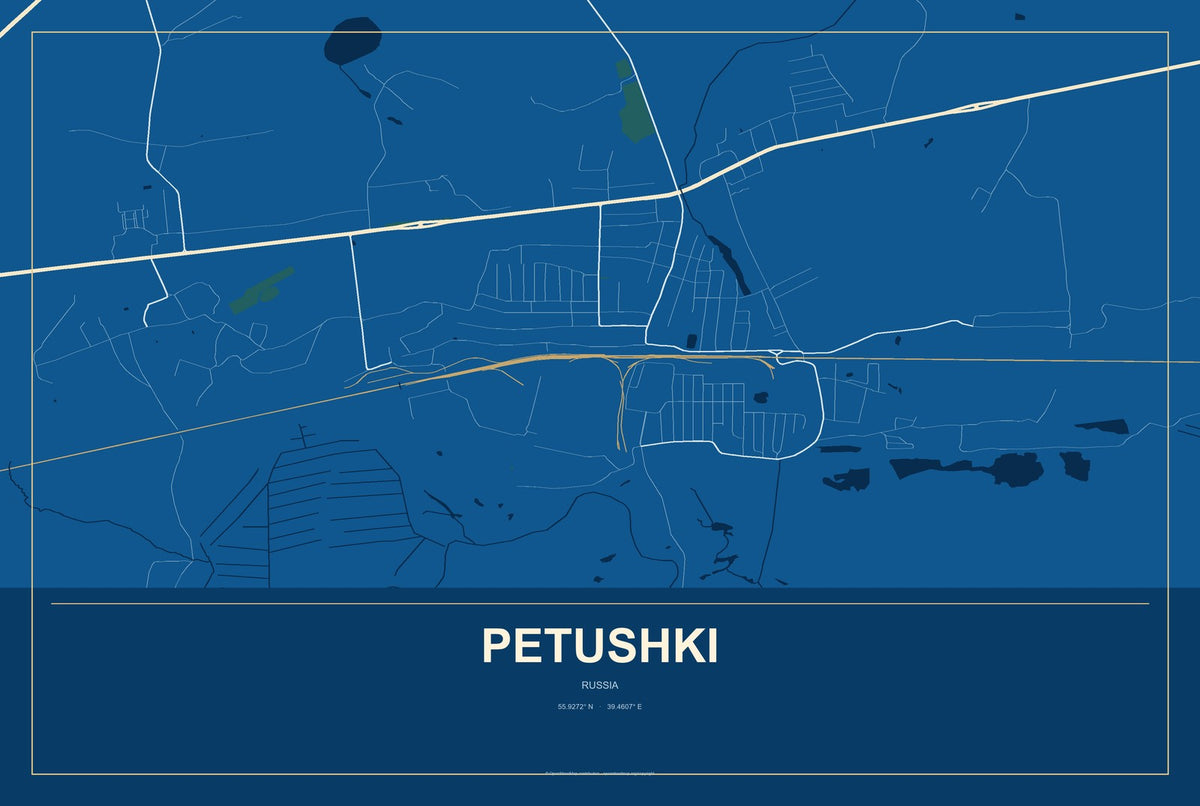 Petushki, Russia City Map Aluminum Sign in Harbor Cobalt style