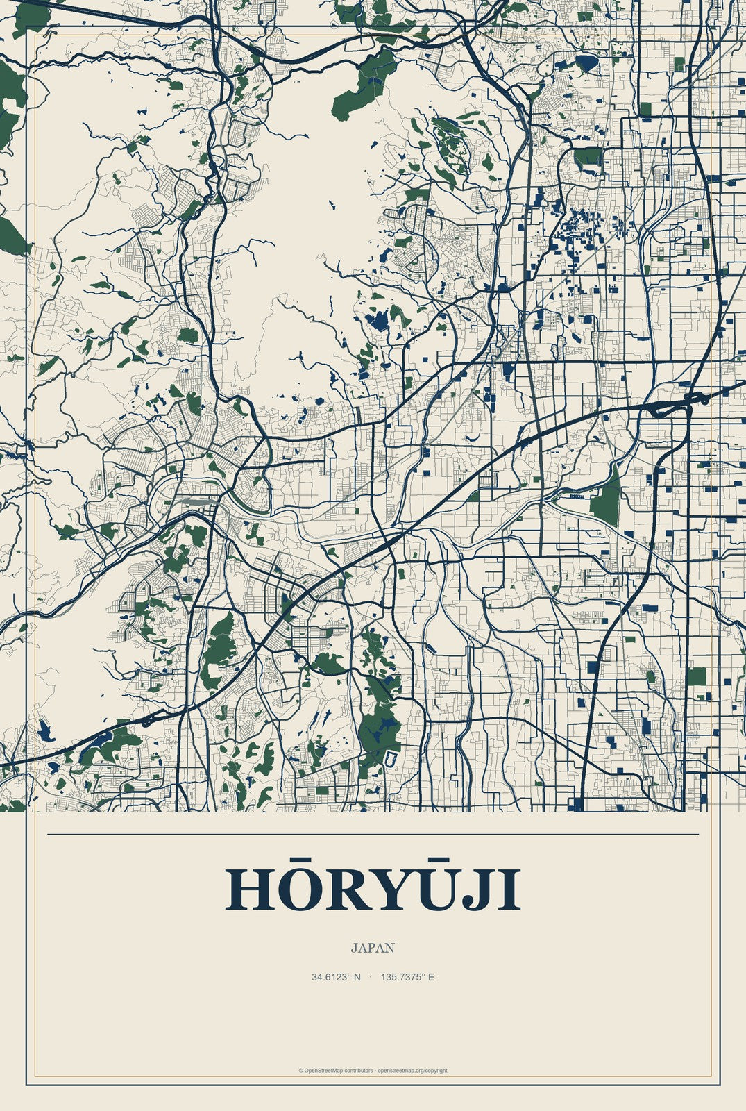 Hōryūji, Japan City Map Aluminum Sign in Coastal Cutout style