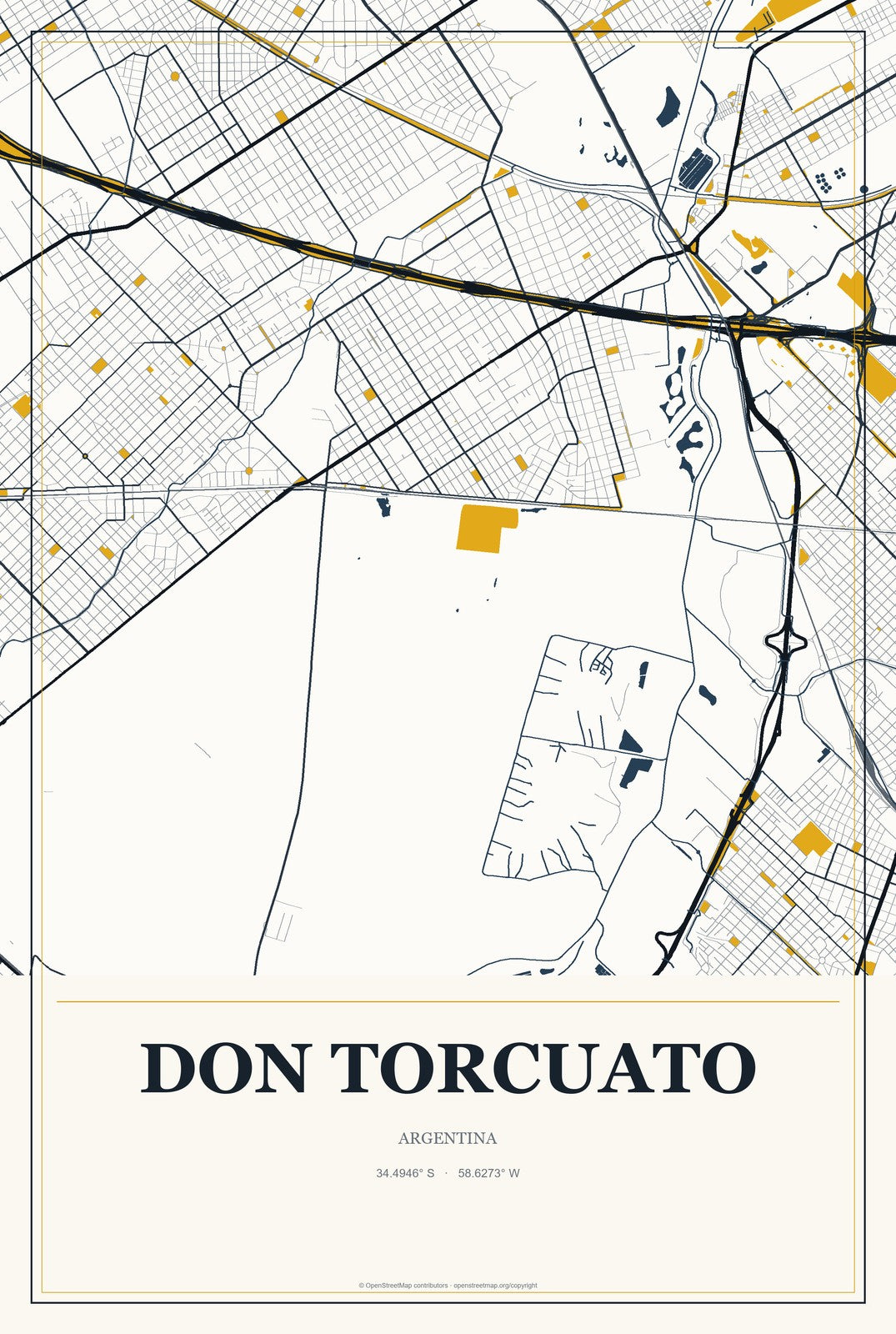 Don Torcuato, Argentina City Map Aluminum Sign in Citrine Modern style