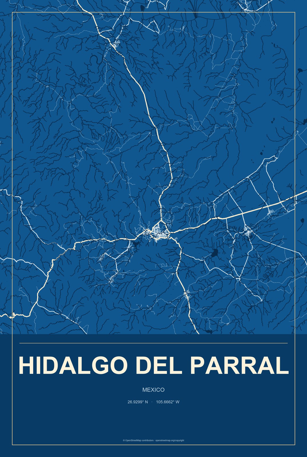 Hidalgo del Parral, Mexico City Map Aluminum Sign in Harbor Cobalt style