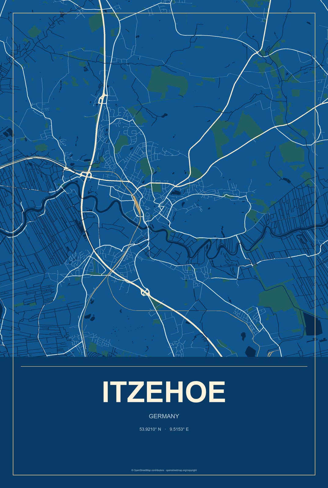 Itzehoe, Germany City Map Aluminum Sign in Harbor Cobalt style