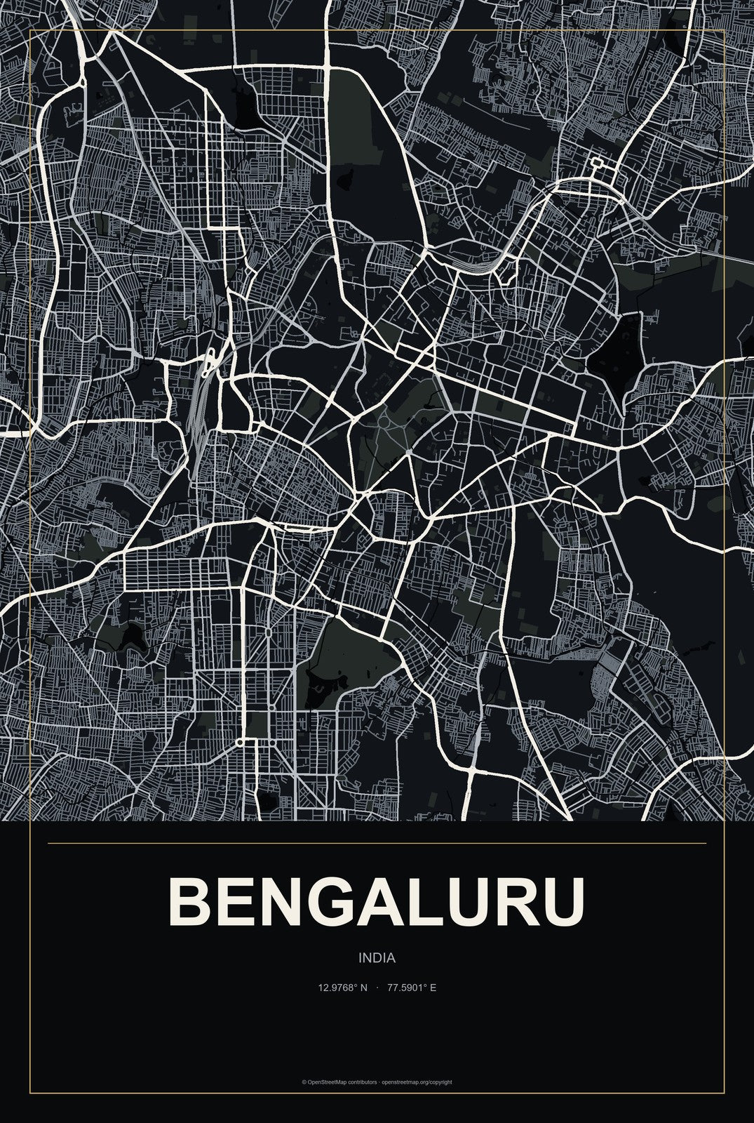 Bengaluru, India City Map Aluminum Sign in Metropolitan Noir style