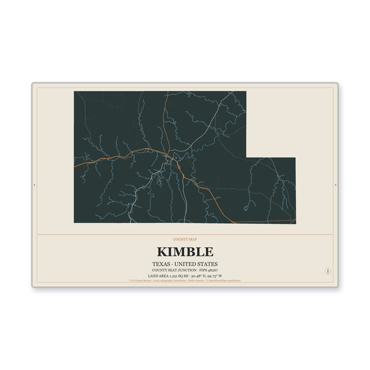 Kimble County, Texas Map Aluminum Sign in Headline Atlas style
