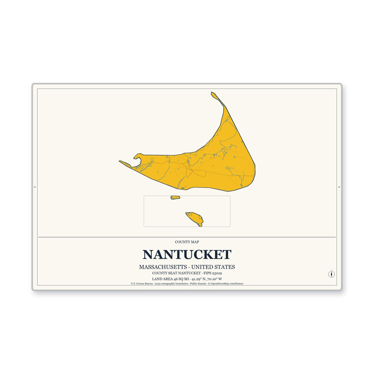 Nantucket County, Massachusetts Map Aluminum Sign in Citrine Modern style