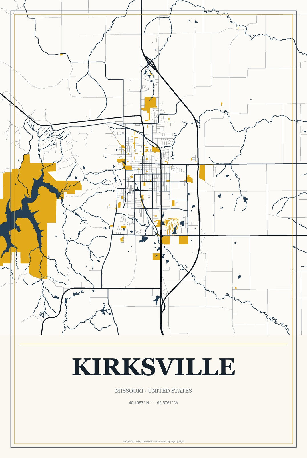 Kirksville, Missouri City Map Aluminum Sign in Citrine Modern style