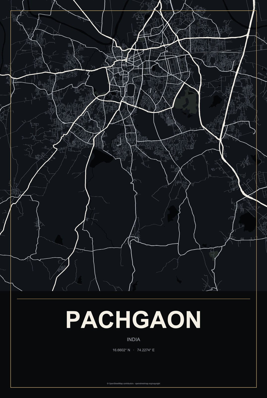 Pachgaon, India City Map Aluminum Sign in Metropolitan Noir style