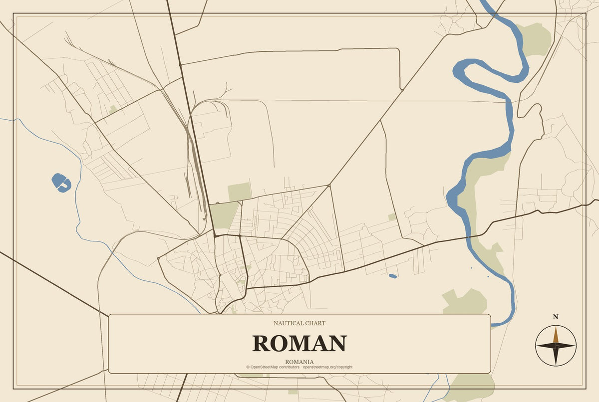 Roman, Romania City Map Aluminum Sign in Heritage Nautical style