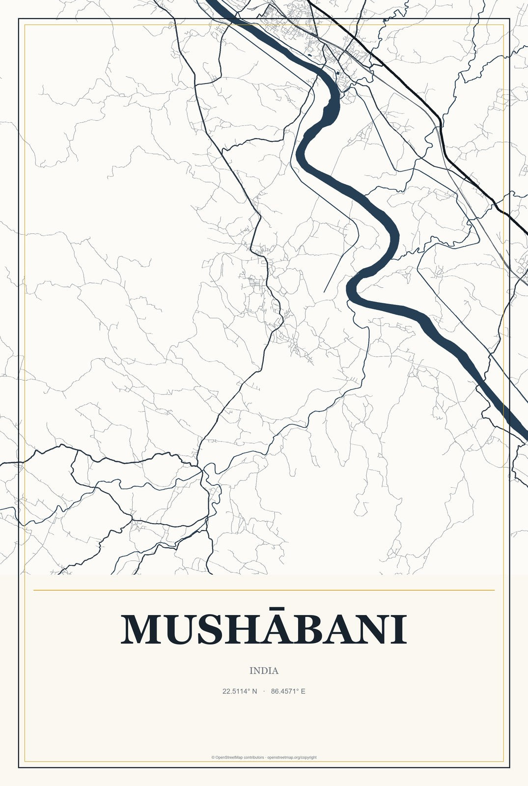 Mushābani, India City Map Aluminum Sign in Citrine Modern style