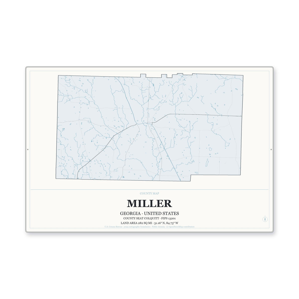Miller County, Georgia Map Aluminum Sign in Gallery Air style