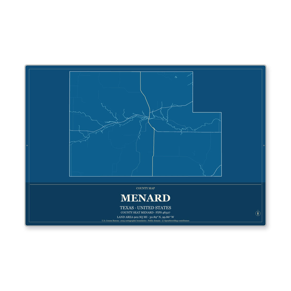 Menard County, Texas Map Aluminum Sign in Harbor Cobalt style