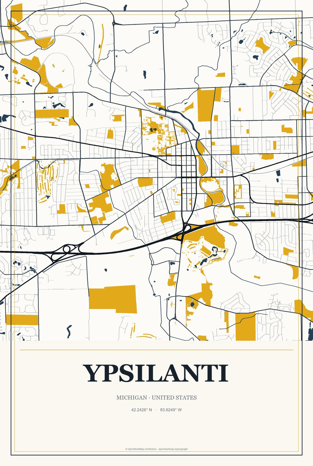 Ypsilanti, Michigan City Map Aluminum Sign in Citrine Modern style