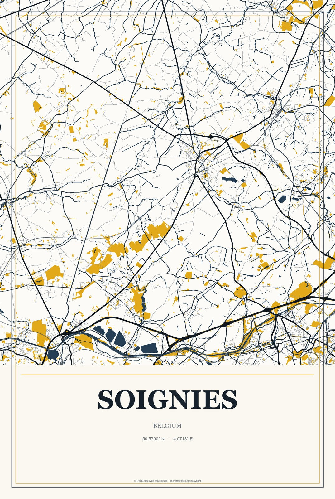 Soignies, Belgium City Map Aluminum Sign in Citrine Modern style