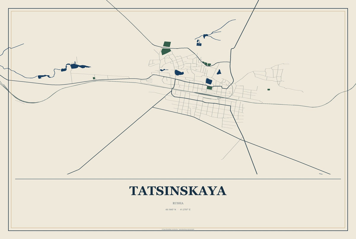 Tatsinskaya, Russia City Map Aluminum Sign in Coastal Cutout style