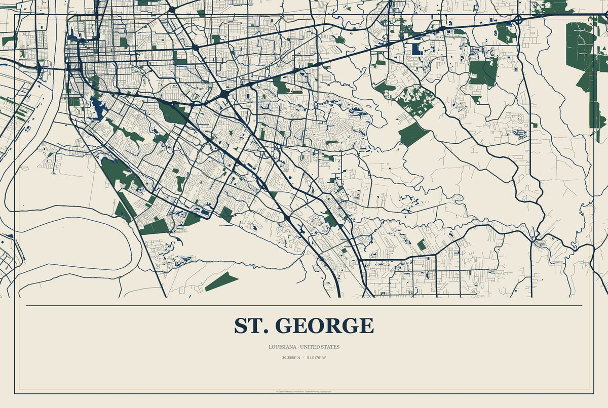 St. George, Louisiana City Map Aluminum Sign in Coastal Cutout style