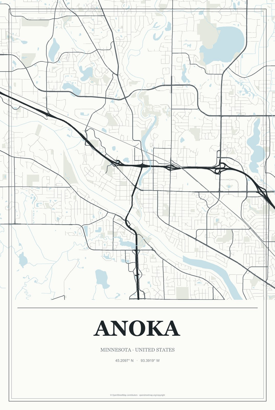 Anoka, Minnesota City Map Aluminum Sign in Gallery Air style