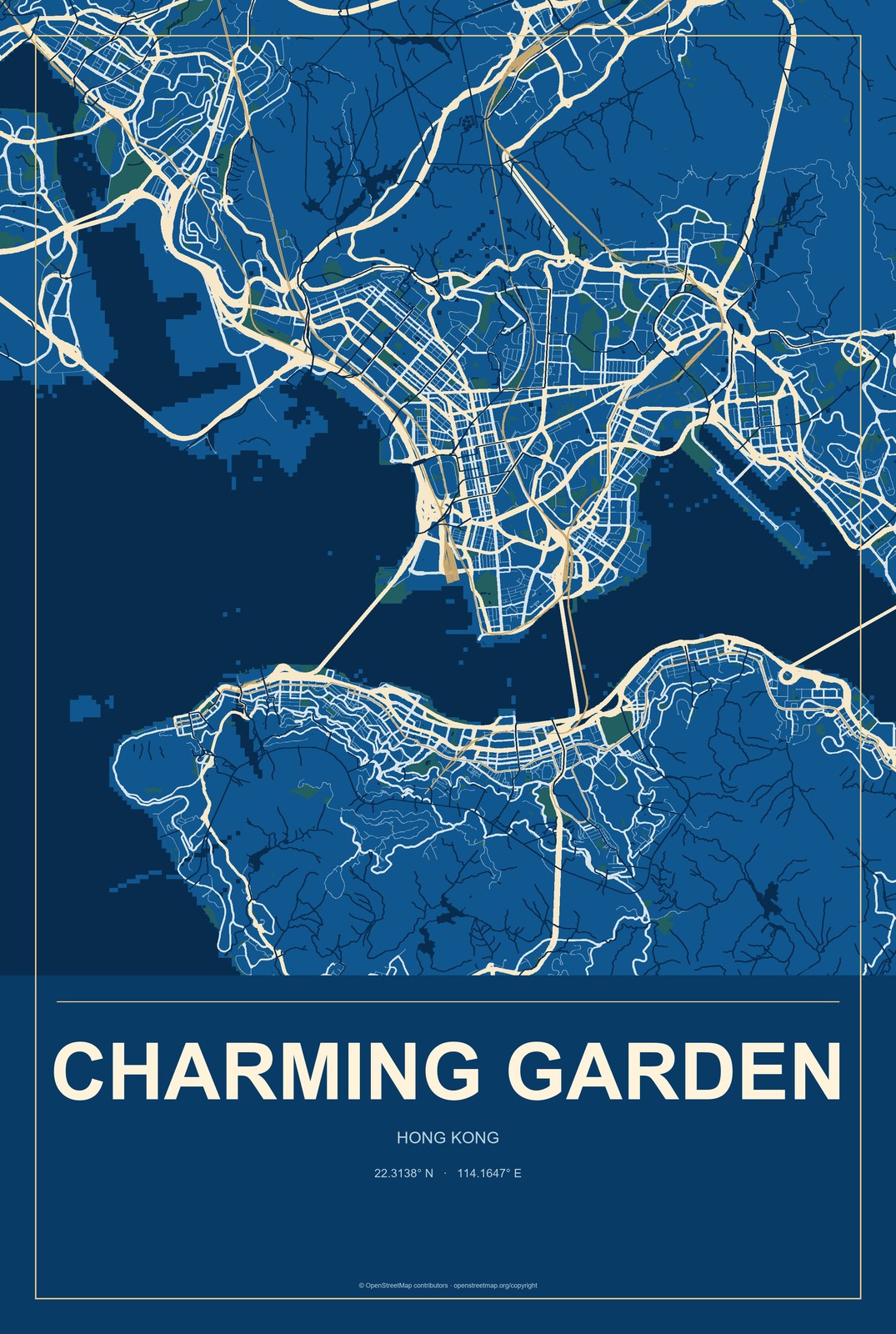 Charming Garden, Hong Kong City Map Aluminum Sign in Harbor Cobalt style