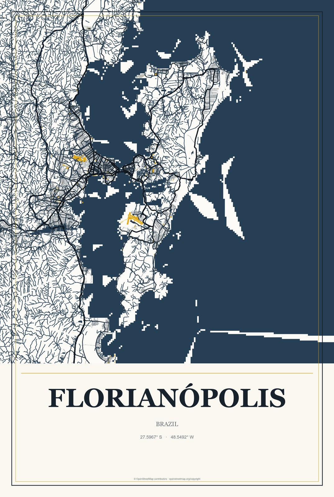 Florianópolis, Brazil City Map Aluminum Sign in Citrine Modern style