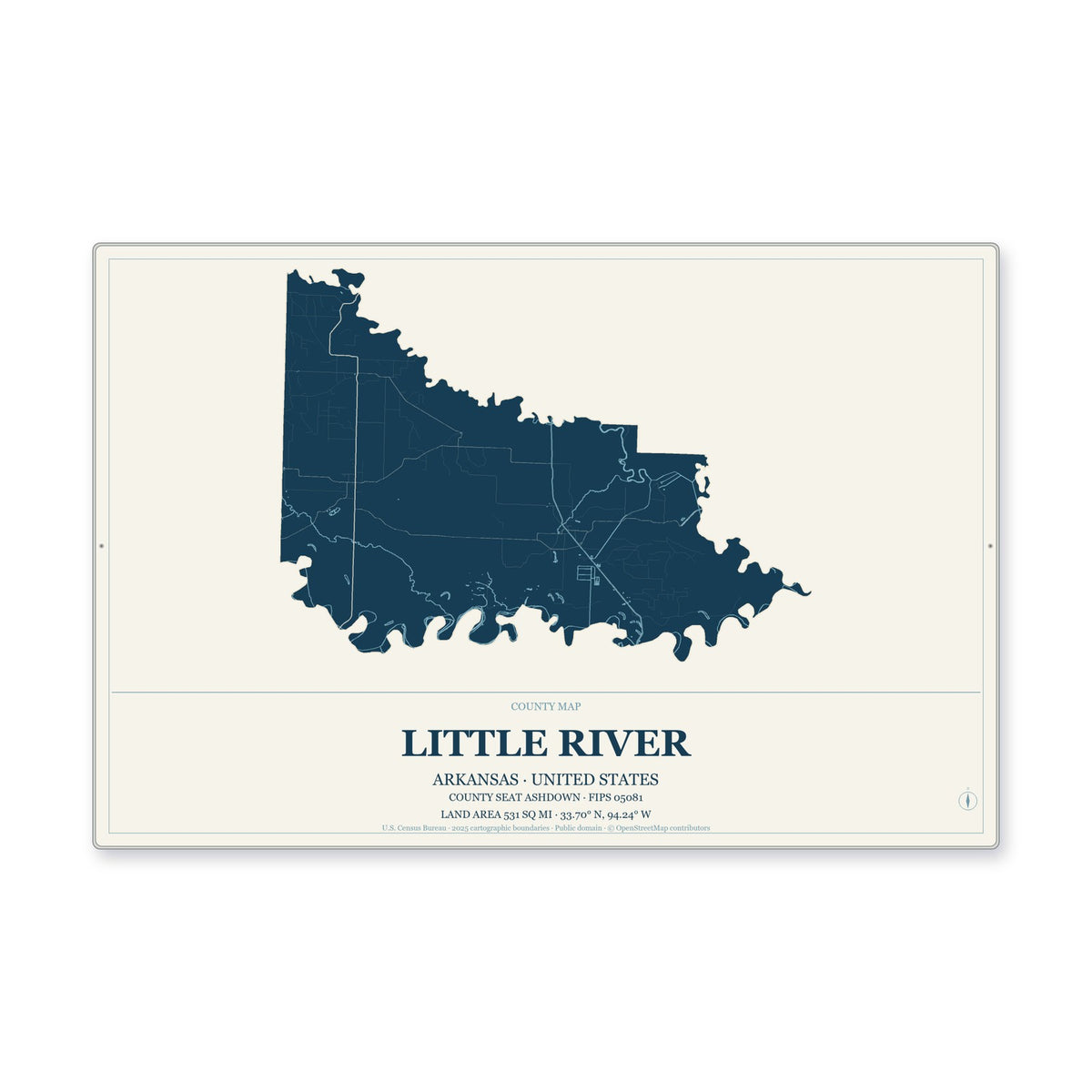 Little River County, Arkansas Map Aluminum Sign in Coastal Cutout style