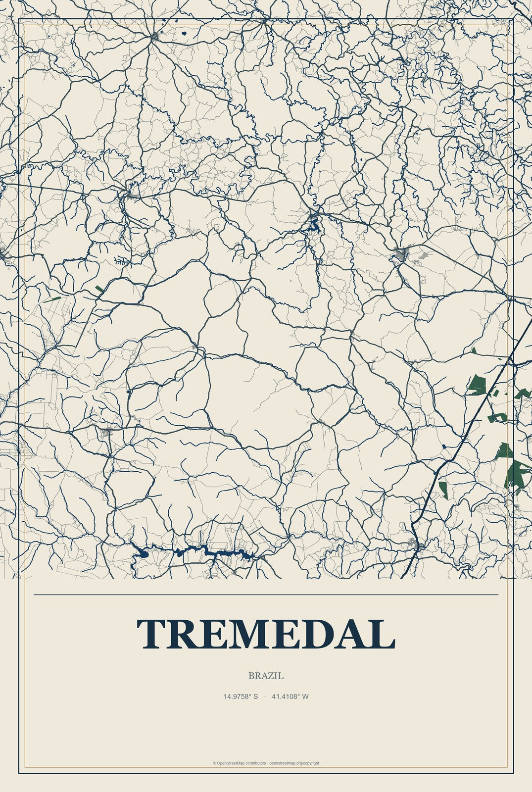 Tremedal, Brazil City Map Aluminum Sign in Coastal Cutout style