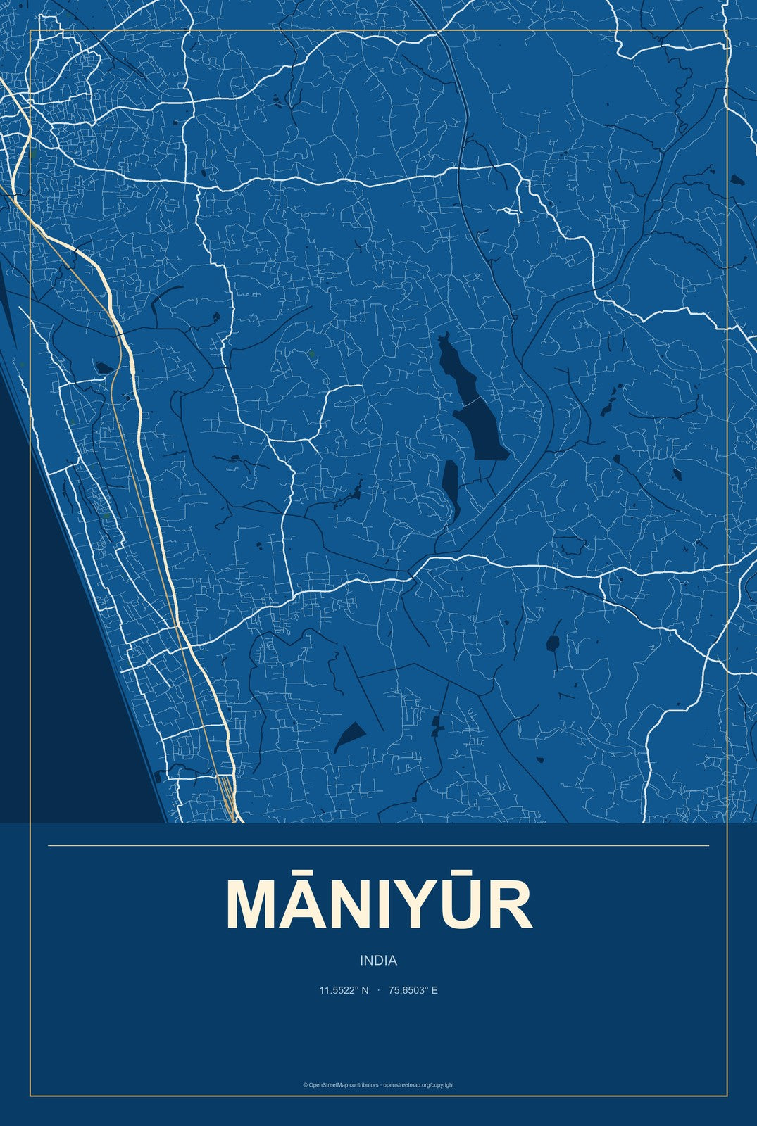Māniyūr, India City Map Aluminum Sign in Harbor Cobalt style