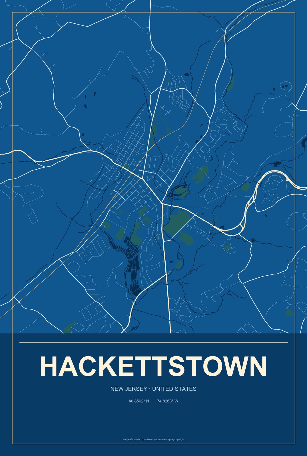 Hackettstown, New Jersey City Map Aluminum Sign in Harbor Cobalt style