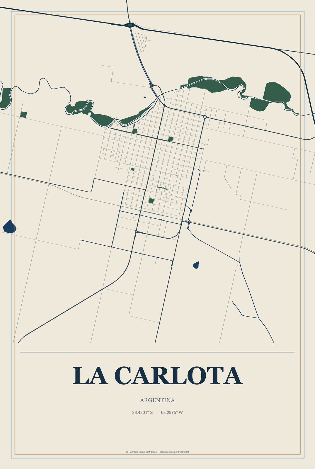 La Carlota, Argentina City Map Aluminum Sign in Coastal Cutout style