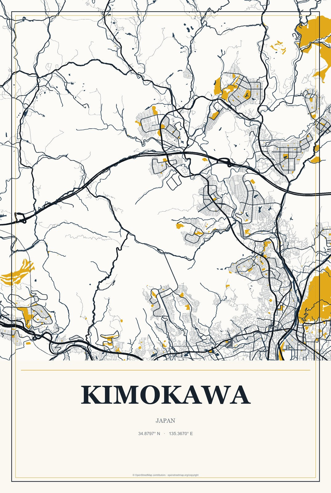 Kimokawa, Japan City Map Aluminum Sign in Citrine Modern style